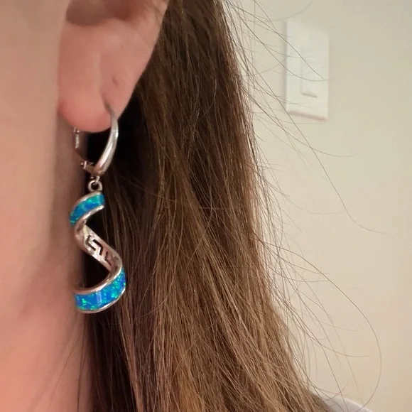 Sterling Silver and Blue Opal Spiral Earrings - Picture 4 of 5